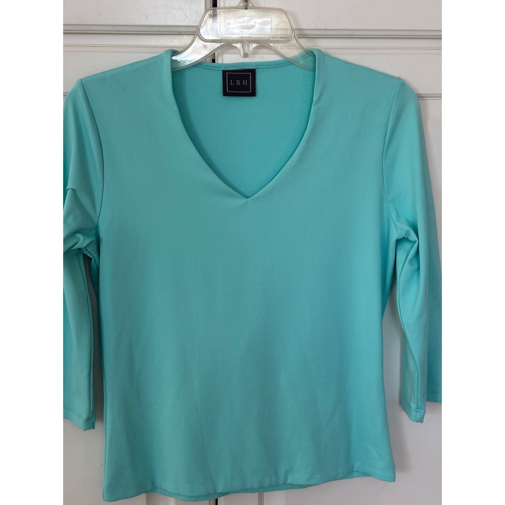 LBH Women Turquoise Aqua V-Neck 3/4‎ Sleeve Tactel Nylon Spandex Athletic Top S